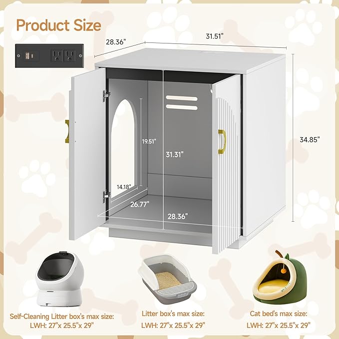 Large Cat Litter Box Enclosure for Self Cleaning Litter Box, 34.84" Tall Litter Boxes Furniture w/Outlets, Modern Cat House, Hidden Cat Litter Furniture for Living Room White