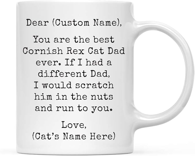 Andaz Press Personalized Funny Dad 11oz. Coffee Mug Gag Gift, Best Cornish Rex Cat Dad, Scratch in Nuts and Run to You, 1-Pack, Custom Cat Lover's Christmas Birthday Ideas, Includes Gift Box