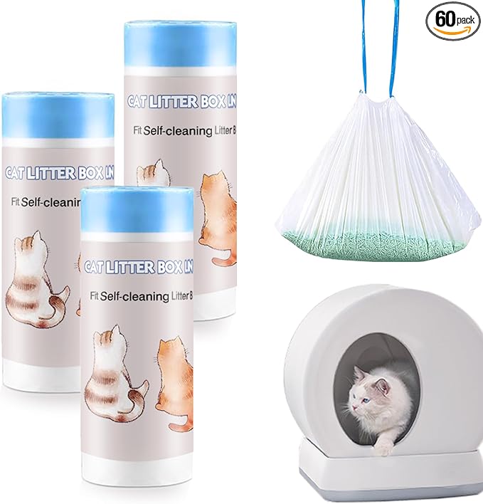 60 Count Self-Cleaning Cat Litter Box Liners Compatible With MW-SC01/MW-SC02/MW-LR01, Drawstring Heavy Duty Kitty Waste Bags Disposable Receptacles Bags Trash Bag -18" x 12.6"