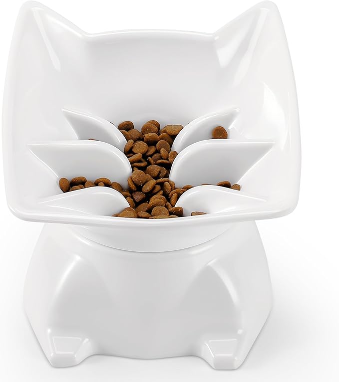 Small Elevated Slow Feeder Cat Bowl,Cute Tilted Detachable Cat Slow Feeder Food Bowls,Anti Vomiting Raised Pet Bowl for Dry and Wet Food,Whisker Friendly,Suitable for Cats & Small Dogs,White