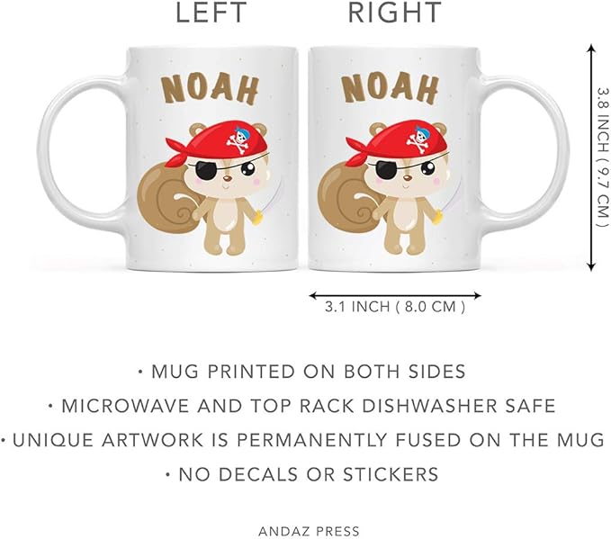 Andaz Press Personalized 11oz. Kids Milk Hot Chocolate Mug, Squirrel Pirate Red Scarf, 1-Pack, Custom Child’s Birthday Christmas Coffee Cup