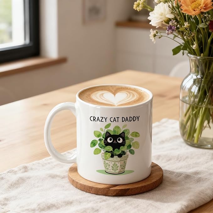 Crazy Cat Daddy Double-Sided Ceramic Mug, Funny Black Cat Mug for Men, Cats Daddy Coffee Cup, Christmas Birthday Gifts for Husband Kitten Dad, Father's Day Thank You Gifts for Pet Owner