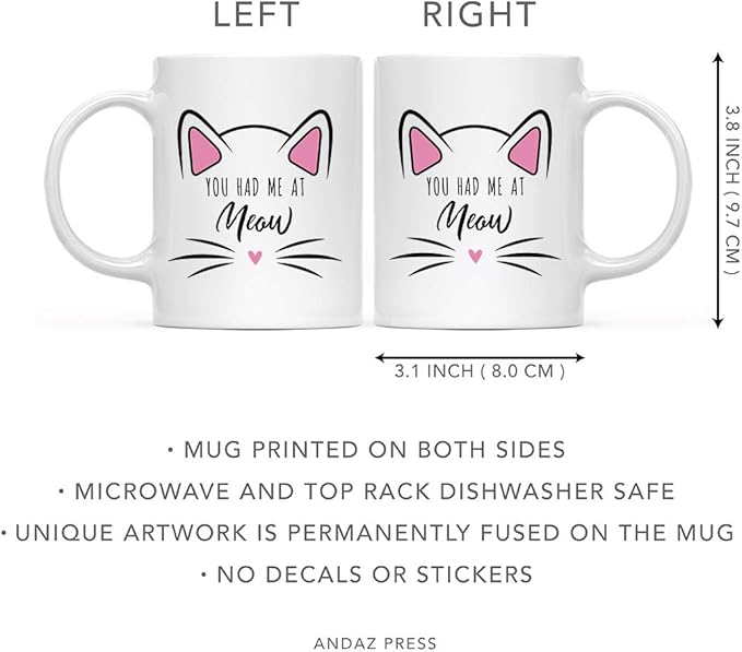 Andaz Press Funny Cat Lover 11oz. Ceramic Coffee Tea Mug, You Had Me At Meow, 1-Pack, for Cat Mom, Birthday Christmas Ideas, Includes Box