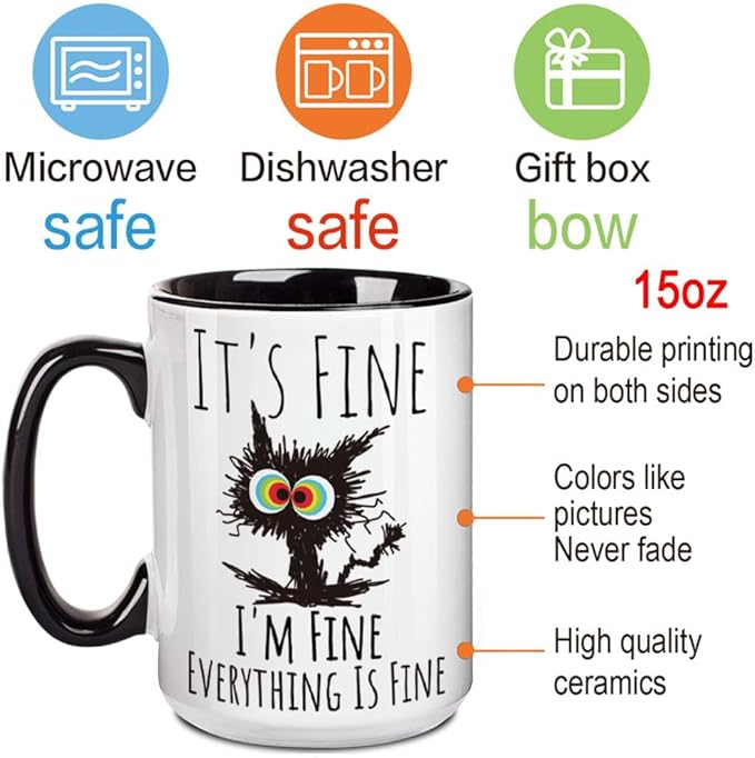 FALJIOK I'm Fine Everything is Fine Coffee Mug 15oz Funny Sarcastic Cat Mug Gifts for Cats Lover Novelty Mug Gifts for Cat Lover Women Mothers Day, Funny Cats Mug Gift for Coworker Manager Friend