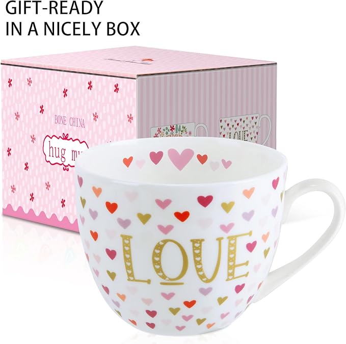 LOVE Heart Coffee Mug - 20 oz Bone China Mugs with Gold LOVE Design and Colorful Hearts, Perfect Gifts for Mom Women Mothers Day, Designed in England by Harvest Green Studio