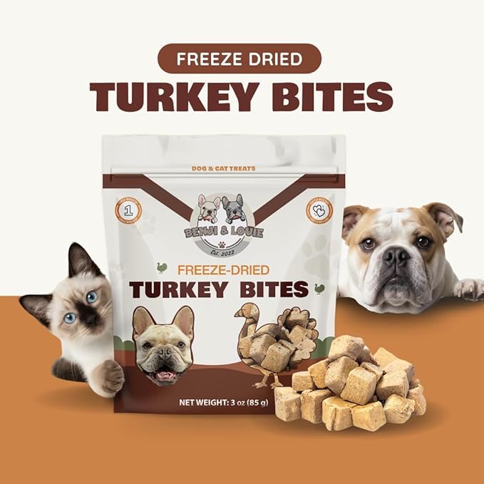 Benji & Louie Freeze Dried Turkey Bites for Dogs & Cats – Single Ingredient Treats, Grain-Free – 3 oz (85 g) (Turkey)