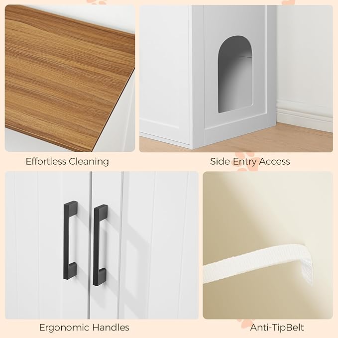 Cat Litter Box Enclosure for Self Cleaning Litter Boxes, Large Hidden Litter Box Furniture with Shelves, Wooden Cat Washroom Storage Cabinet, Automatic Litter Box Enclosure, White CWBZ3001