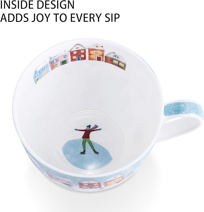 Christmas Skating Mug - 20 oz Bone China Winter Coffee Mugs with Snowy Village, Perfect Holiday and Birthday Gifts for Friends and Family - Designed in England by Harvest Green Studio