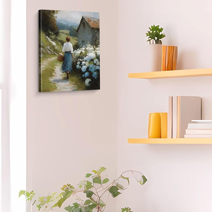 Vintage Country Woman Canvas Wall Art Rustic Floral Path Print Painting Cottagecore Wall Decor for Home Farmhouse Living Room 8x10 Inches Framed