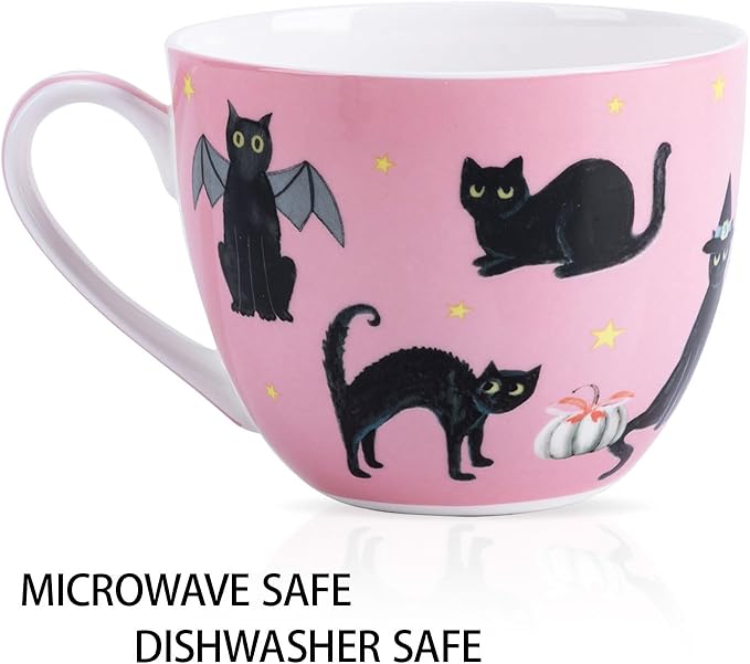Black Cat Mugs - 20 oz Bone China Black Cat Coffee Mug with Pumpkin, Cute Spooky Holiday Gifts for Friends and Family, Designed in England by Harvest Green Studio