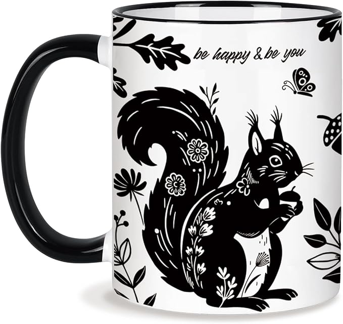 Squirrel Mug 11Oz Mothers Day Birthday Gifts for Women,Squirrel Gifts for Women, Black and White Boho Mug, Holiday Birthday Gift for Animal Lovers Ceramic Coffee Cup Microwave & Dishwasher Safe