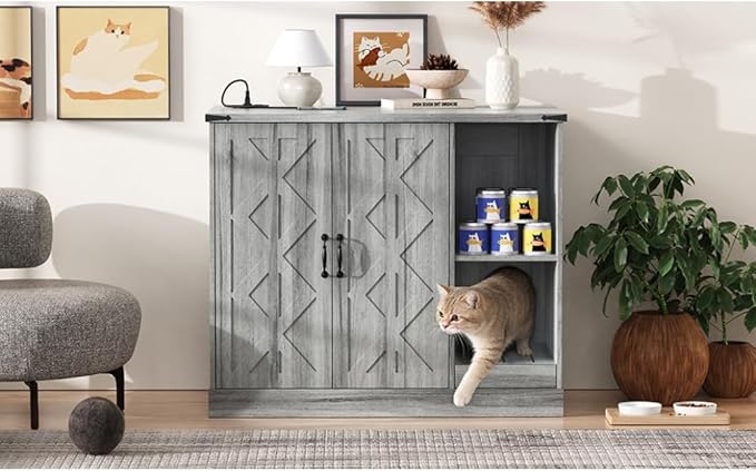 Modern Cat Litter Box Cabinet Furniture with Power Outlet for Automatic Cleaner, Hidden Enclosure Featuring Litter Catcher Trap Door, Adjustable Storage Shelves, Gray