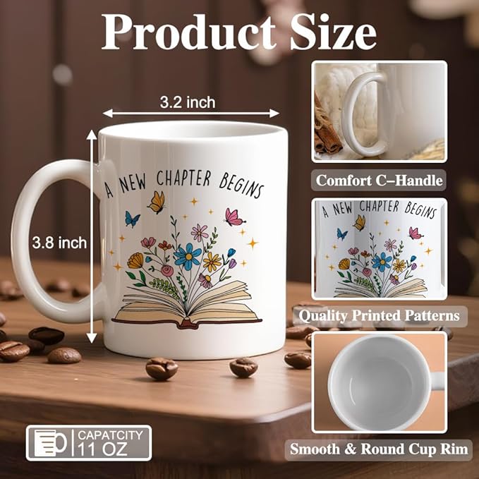 A New Chapter Begins Ceramic Coffee Mug for Women, Funny Floral Book 11oz Coffee Cup Gifts for Coworker, Retirement Farewell Mug Gifts, Going Away Good Luck Graduation Present