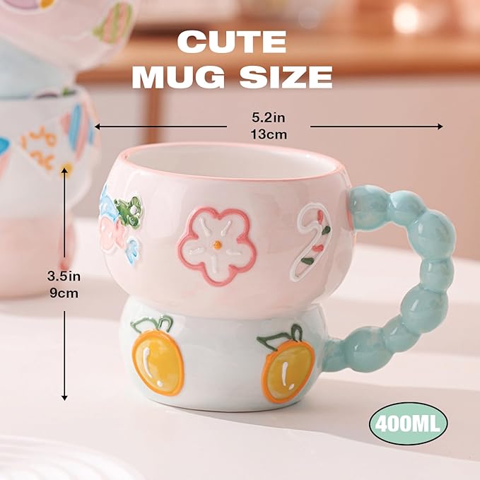 Ceramic Cartoon Coffee Mug,Aesthetic Hand-Painted Creative Cute Mug, Aesthetic Coffee Ceramic Tea, 12oz/400ml for Tea, Milk and Oatm (Blue-Orange)