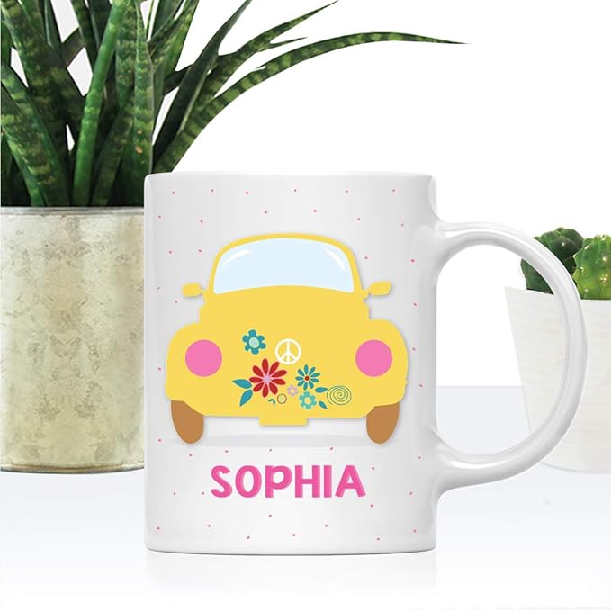 Andaz Press Personalized 11oz. Kids Hot Chocolate Mug, Hippie 1970s VW Yellow Bug, 1-Pack, Custom Child’s Birthday Christmas Coffee Cup
