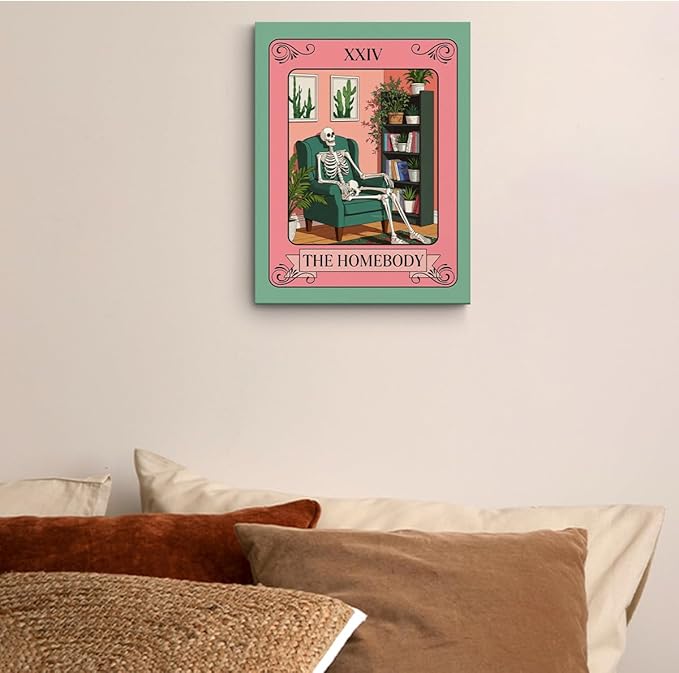 The Homebody Tarot Card Wall Art, Funny Skeleton Gothic Posters, Vintage Botanical Framed Canvas Prints Whimsical Decor, Books Poster for Living Room Entryway Book Shelf Bedroom 15x11.4 inch