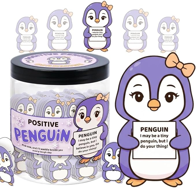 Positive Penguin Purple Jar with 60 Affirmation Cards, Emotional Support Penguin Gift, Penguin Gifts for Women, Best Friend Birthday Gifts, Funny Birthday Cards, Penguin Figurines and Penguin Decor