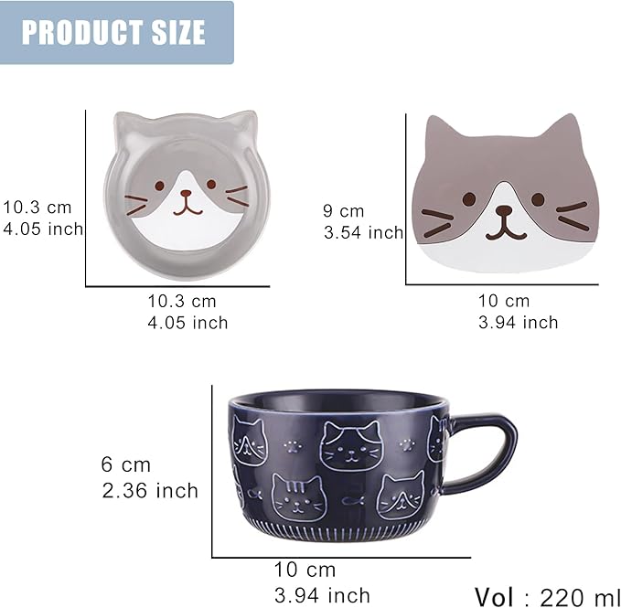 Cute Ceramic Cat Mug with Lid Anime Cat Coaster 10 oz Kawaii Coffee Mugs for Desk Lovers Gift, Blue