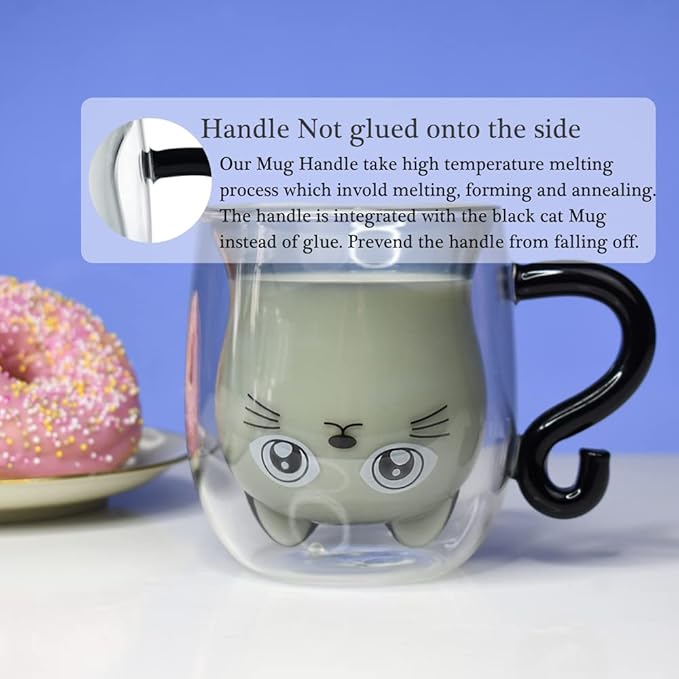 Black Cat Mug Cute Mug with Handle Double Walled Coffee Mugs Kawaii Cat Presents for Women Glass Mugs Tea Cup Cute Birthday Gifts for Cat Lovers Ideas Halloween Christmas
