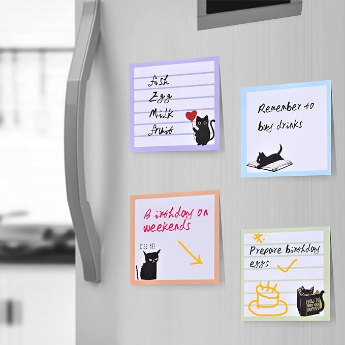 Sticky Notes 3x3 Cute Self-Stick Notes,6 Pack Funny Black Cat Notepad for Cat Lover Gift, Cute Cat Office Supplies, Easy Post Sticky Notes 480 Sheet Total