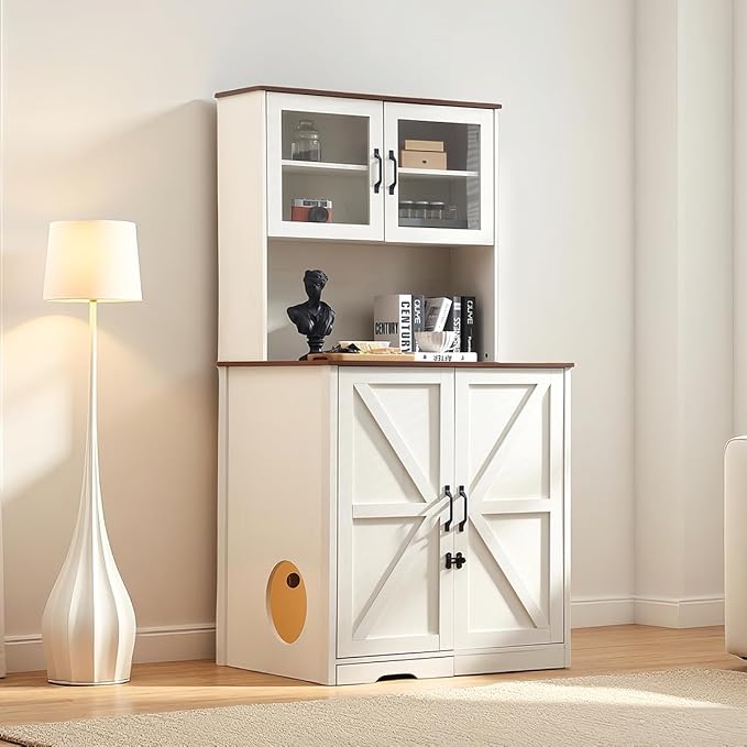Extra-Large Enclosure for Self-Cleaning Cat Litter Boxes, Wooden Cat Litter Furniture with LED Lighting, a Adjustable Shelf and Doors