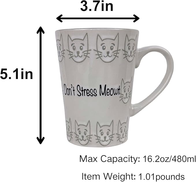 16oz Cat Lovers Mug, Don't Stress Meowt""Cat Coffee Mug Funny Ceramic Tea Cup Novelty Gifts for Office and Home Women Girls Men Dishwasher Microwave Safe, White