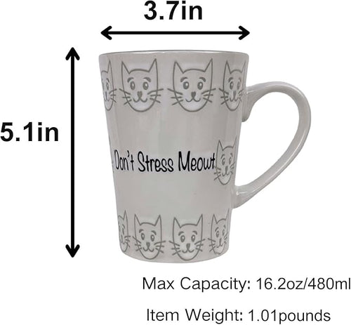 16oz Cat Lovers Mug, Don't Stress Meowt""Cat Coffee Mug Funny Ceramic Tea Cup Novelty Gifts for Office and Home Women Girls Men Dishwasher Microwave Safe, White