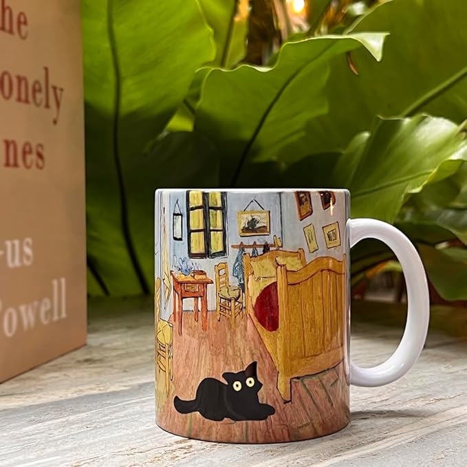 Famous Art Paintings Funny Cat Coffee Mug for Artist Art Lover Teacher Cat Lovers, Famous Picture Classic Vincent Aesthetic Canvas Mug Birthday Gift for Women Man (Bedroom in Arles)