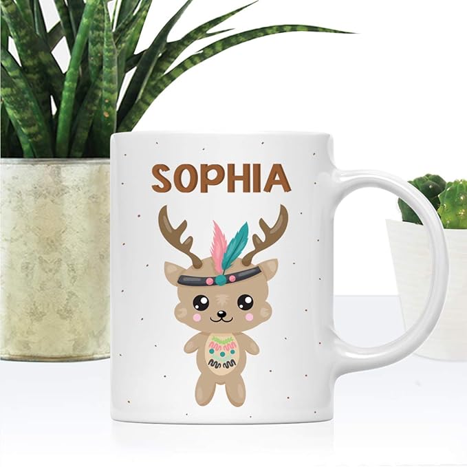 Andaz Press Personalized 11oz. Kids Milk Hot Chocolate Mug, Tribal Deer, 1-Pack, Custom Child’s Birthday Christmas Coffee Cup