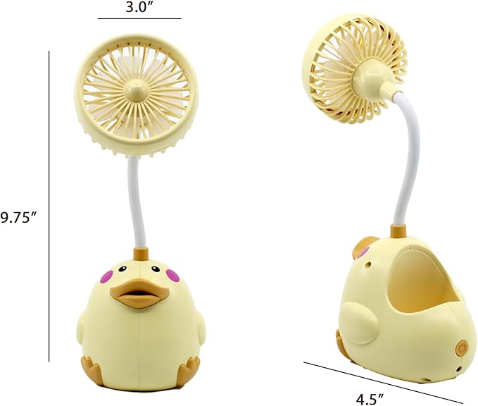 Cute Yellow Duck Desk Fan with Pen Holder — Animal Fan, Duck Decor for Office, Funny Accessories, Small USB Fan, Unique Teacher Gift, Coworker Gift, Novelty Decor