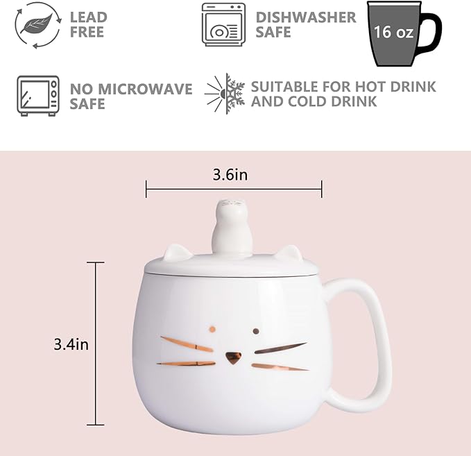 Koolkatkoo Unique Cat Coffee Mug with Lid for Cat Lover Cute Ceramic Tea Mugs with Holder for Cell Phone Porcelain Cup Have The Gold Kitten Gift for Women White