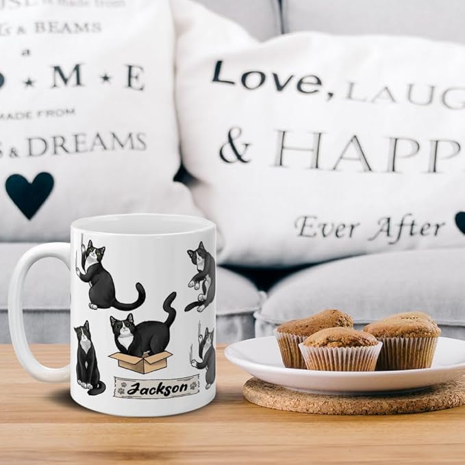 MUGBREW Personalized Coffee Mug with Your Name or Text, Customized Gifts For Christmas Birthday Anniversary, Ceramic 11 OZ Coffee Mug Tea Cup - Black White Tuxedo Cat Playful Postures Pattern