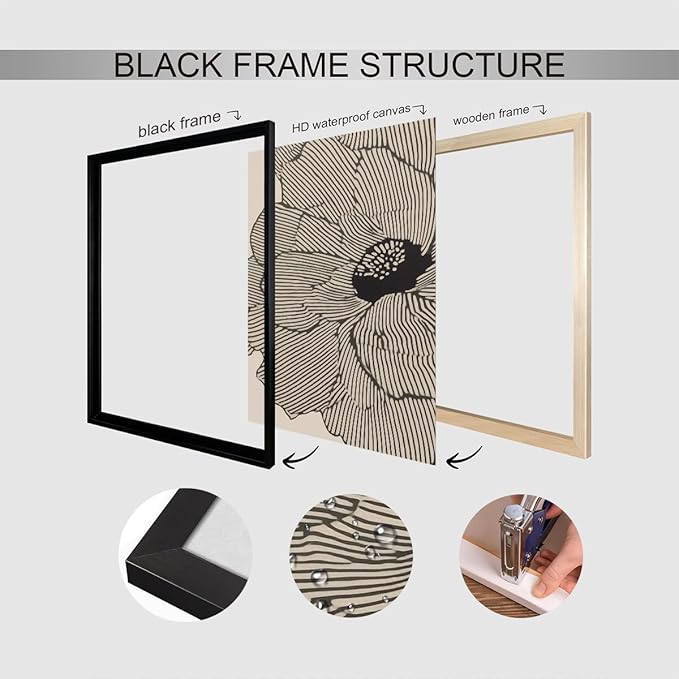 Abstract Black and Beige Flowers Canvas Wall Art, Neutral Floral Lines Poster, Modern Minimalist Floral Wall Decor, Boho Botanical Sketch Art Print for Living Room Bedroom 8x10in Framed
