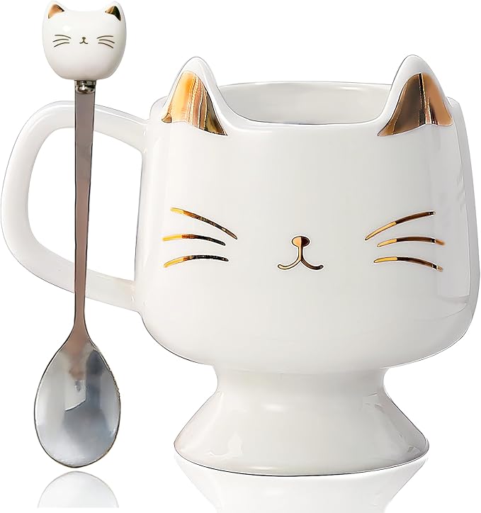 Christmas Mugs High-Footed Ceramic Cat Mug – 13.5oz Unique Coffee Cup with kitty Expression Design, Fun Gift for Women, Girls, Kids, Cat Lovers (white)