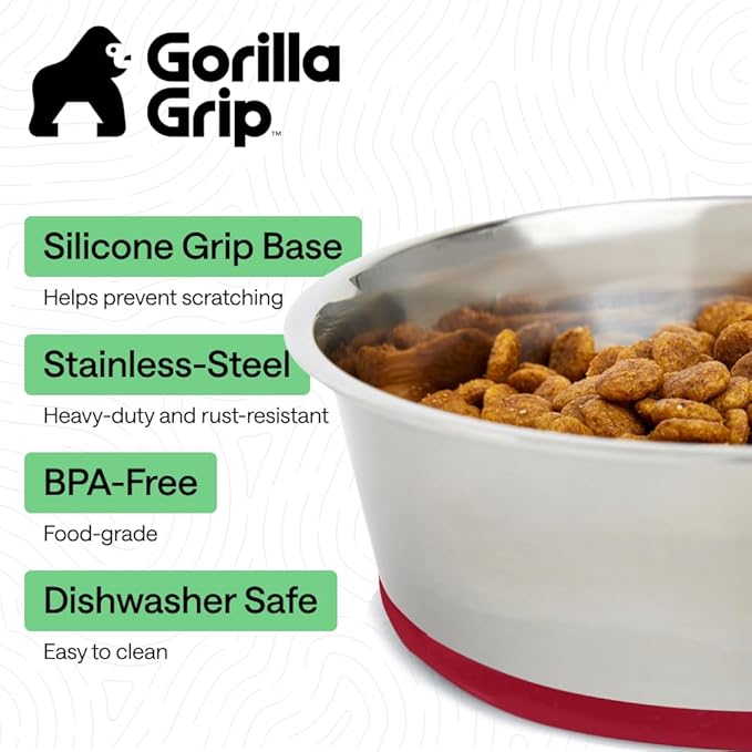 GORILLA GRIP Dog Bowls, Food Grade 304 Stainless Steel, Holds 4 Cups Each (32 fl oz) Food and Water Bowl for Feeding Dogs and Cats, Dishwasher Safe, Rust Resistant, BPA Free Rubber Base Set of 2 Red