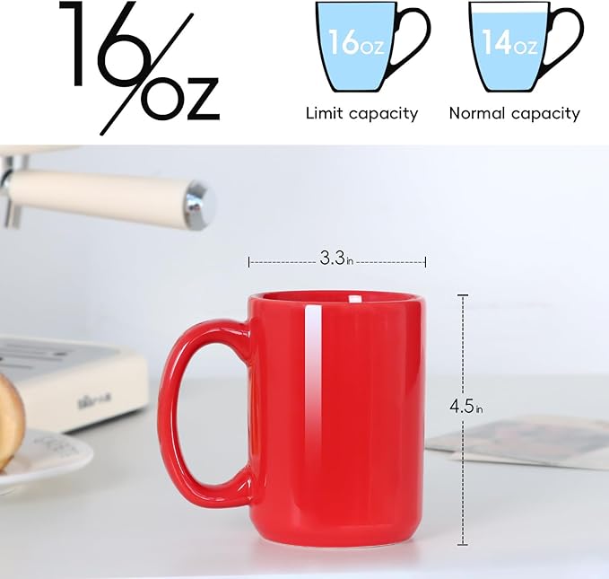 16 OZ Porcelain Coffee Mug, Classic Blank Ceramic Cup with Large Handle for Tea Latte Cappuccino, Red