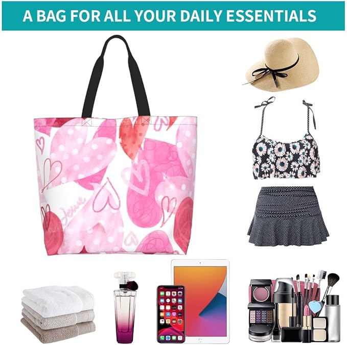 Pink Tote Bags for Women, Cute Pink Heart Print Purse, Reusable Shopping Handbags, Casual Travel Work Daily Waterproof Summer Grocery Shoulder Bag Holiday Gifts -Large
