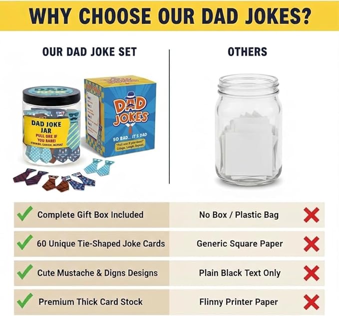 DEARMINE 60 Dad Jokes Cards Jar, Funny Birthday Gift for Dads from Daughter, Stocking Stuffers, Christmas White Elephant Gifts for Adults, Men Granpa Gift, Funny Gag Gifts for Men