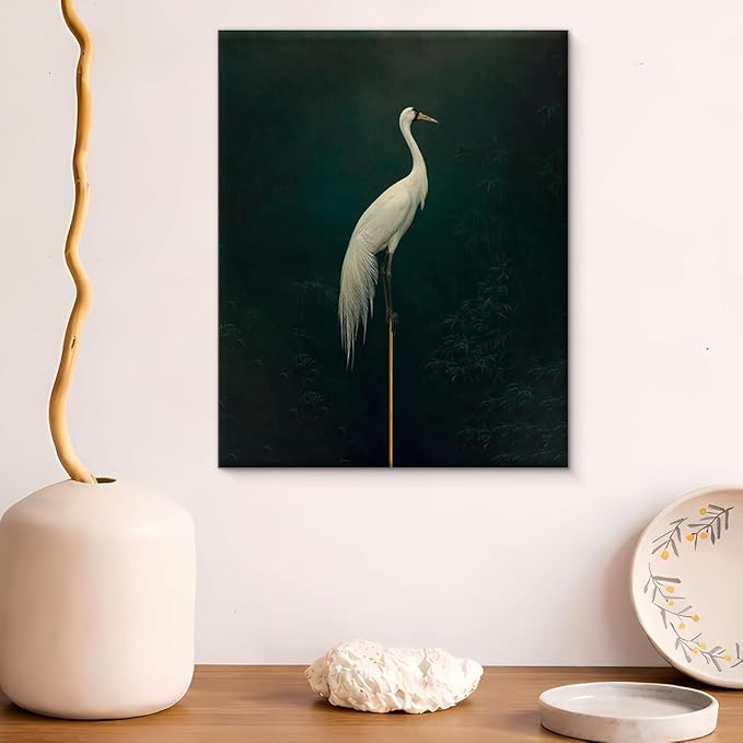 Japanese Crane Canvas Wall Art Vintage Bird Print Painting Dark Green Wall Decor for Home Farmhouse Living Room 8x10 Inches Framed