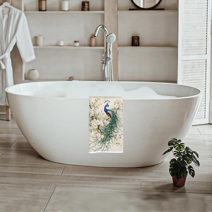 Elegant Peacock Kitchen Towels, Vintage Decorative Absorbent Microfiber Dish Cloth Tea Towel, Waffle Soft Hand Towels for Farmhouse Home Bathroom Kitchen Decor, Peacock Decor Gift