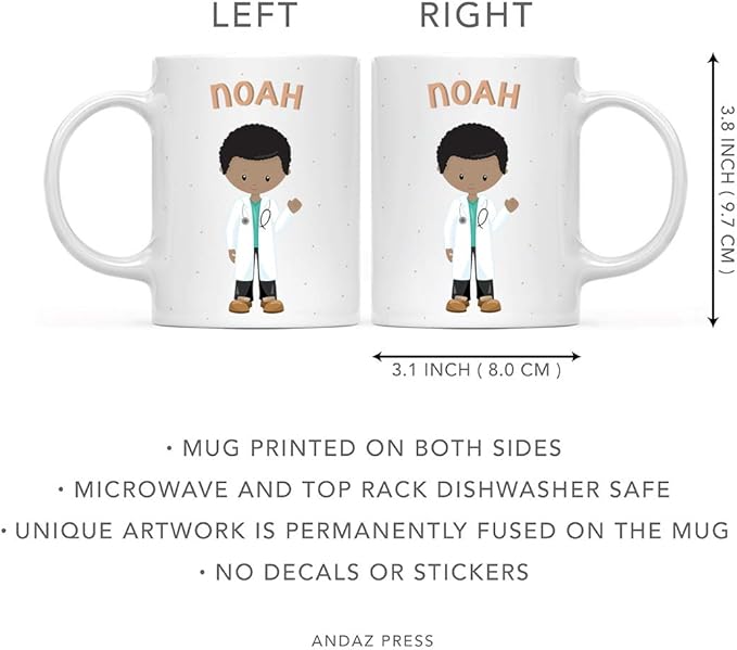 Andaz Press Personalized 11oz. Kids Milk Hot Chocolate Mug, Black Haired Boy Doctor, 1-Pack, Custom Child’s Birthday Christmas Coffee Cup