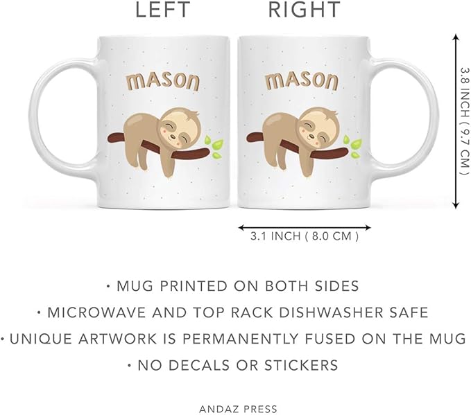 Andaz Press Personalized 11oz. Kids Hot Chocolate Mug, Baby Sloth on Tree, 1-Pack, Custom Child’s Birthday Christmas Coffee Cup