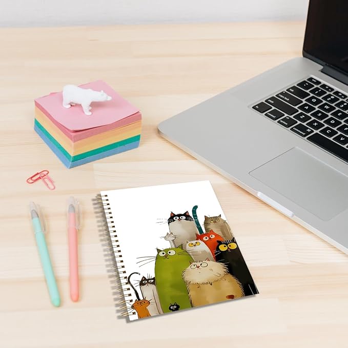 LONGXIN Whimsical Cartoon Cat Notebook Journal Cat Lover Gifts for Women Girls Cute Hardcover Spiral Notebook 5.8x8.3