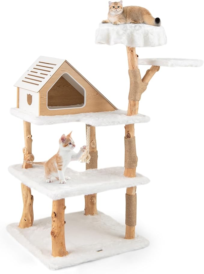 Tangkula Solid Wood Cat Tree, Modern Wooden Cat Tower with Jute Scratching Posts, 2 Perches, Condo, Sisal Rope, Soft Long Plush, 60 Inch Tall Cat Tree Tower for Indoor Cats Large Adult
