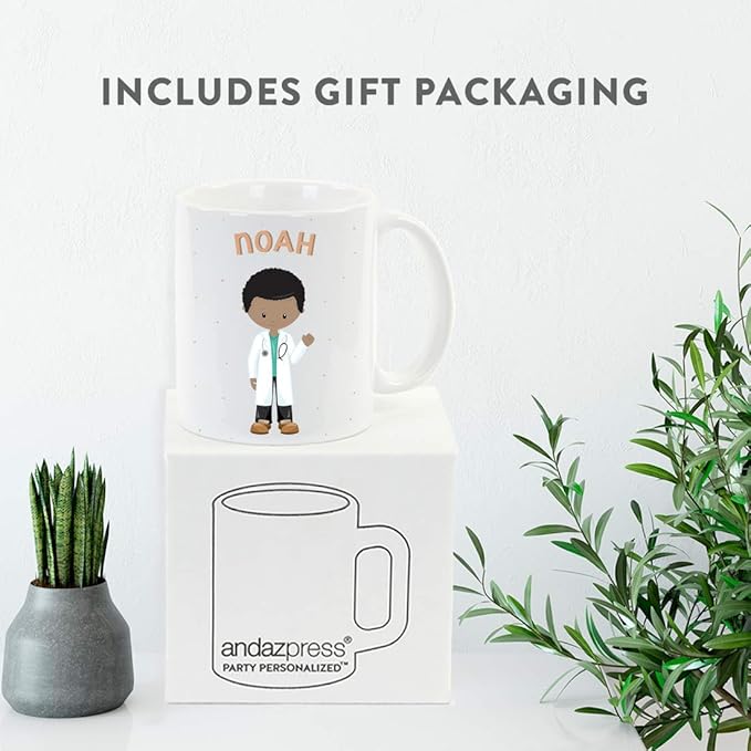 Andaz Press Personalized 11oz. Kids Milk Hot Chocolate Mug, Black Haired Boy Doctor, 1-Pack, Custom Child’s Birthday Christmas Coffee Cup