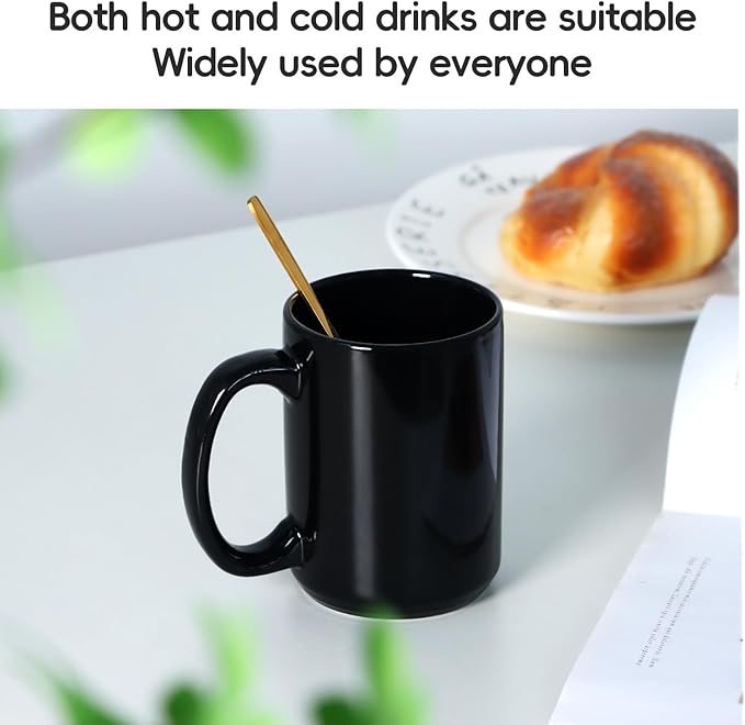 16 OZ Porcelain Coffee Mug, Classic Blank Ceramic Cup with Large Handle for Tea Latte Cappuccino, Black