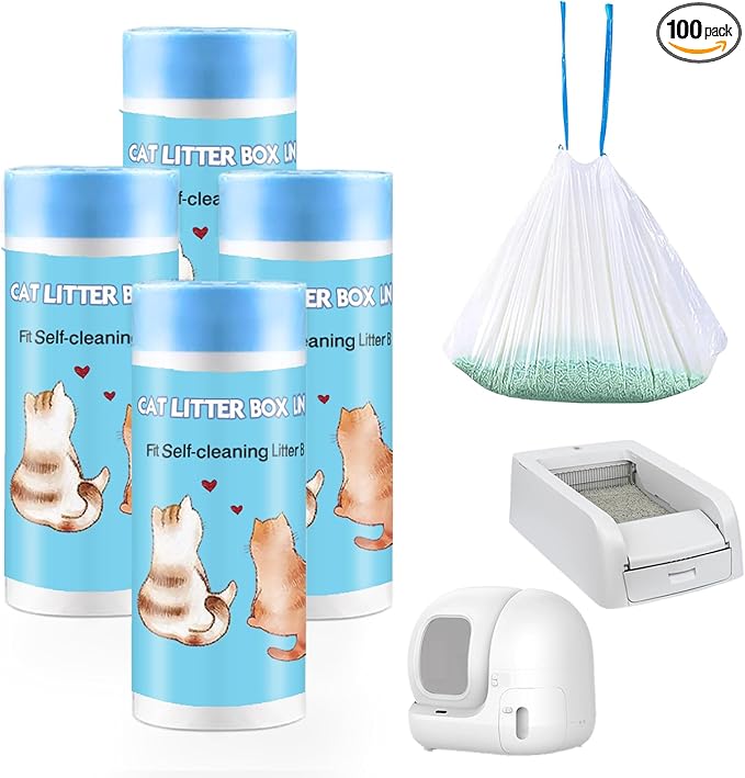 100 Count Self-Cleaning Cat Litter Box Liners Compatible with Petsafe for Clumping & for Smartspin Box, Drawstring Heavy Duty Kitty Litter Receptacles Bags Replacement Trash Bag -23" x 12"
