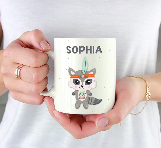Andaz Press Personalized 11oz. Kids Milk Hot Chocolate Mug, Tribal Raccoon, 1-Pack, Custom Child’s Birthday Christmas Coffee Cup
