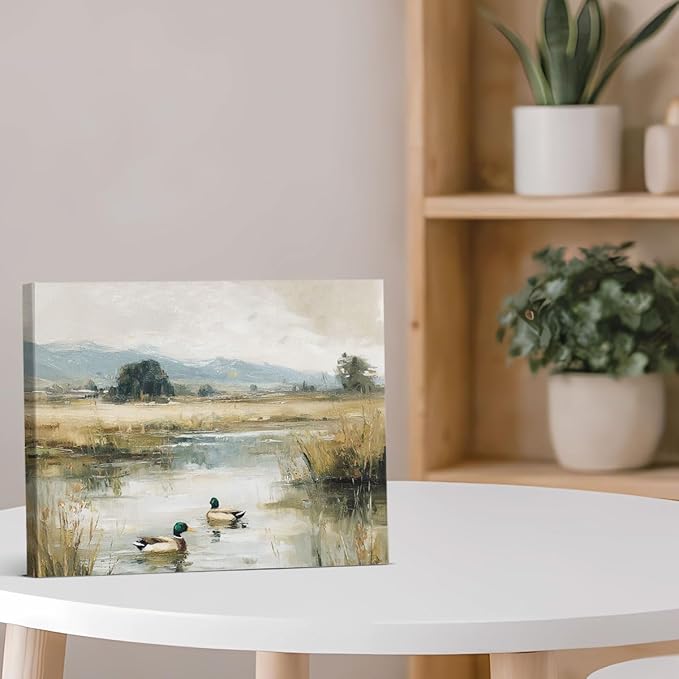 Rustic Mallard Duck Canvas Wall Art Vintage Pond Landscape Print Painting Cottagecore Wall Decor for Farmhouse Home Living Room 8x10 Inches Framed