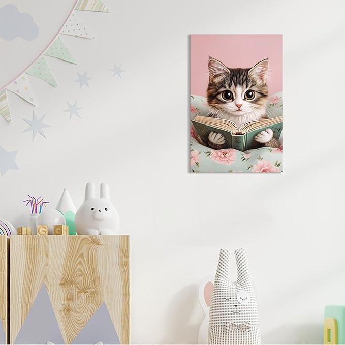 Trendy Cat Reading In Bed Canvas Wall Art Funny Pink Flower Animal Poster Funky Cat Lovers Monet Minimalist Prints Painting For Home Bedroom Kids Room Dorm Wall Decor 12x16in Framed